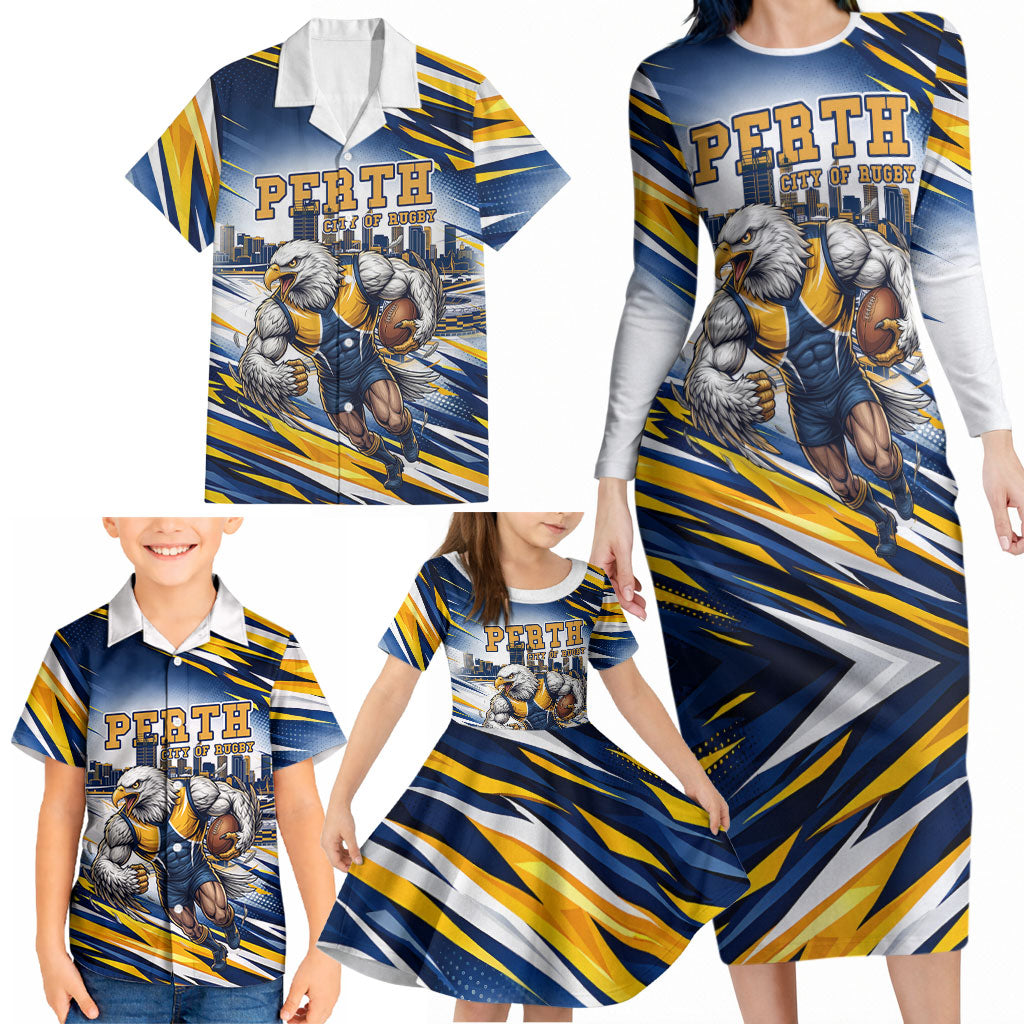 Personalised West Coast Eagles Fan Pride Family Matching Long Sleeve Bodycon Dress and Hawaiian Shirt Muscular Eagle Mascot Graphic Art With Perth City Skyline