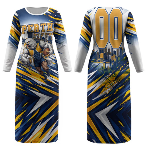 Personalised West Coast Eagles Fan Pride Family Matching Long Sleeve Bodycon Dress and Hawaiian Shirt Muscular Eagle Mascot Graphic Art With Perth City Skyline