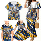 Personalised West Coast Eagles Fan Pride Family Matching Mermaid Dress and Hawaiian Shirt Muscular Eagle Mascot Graphic Art With Perth City Skyline