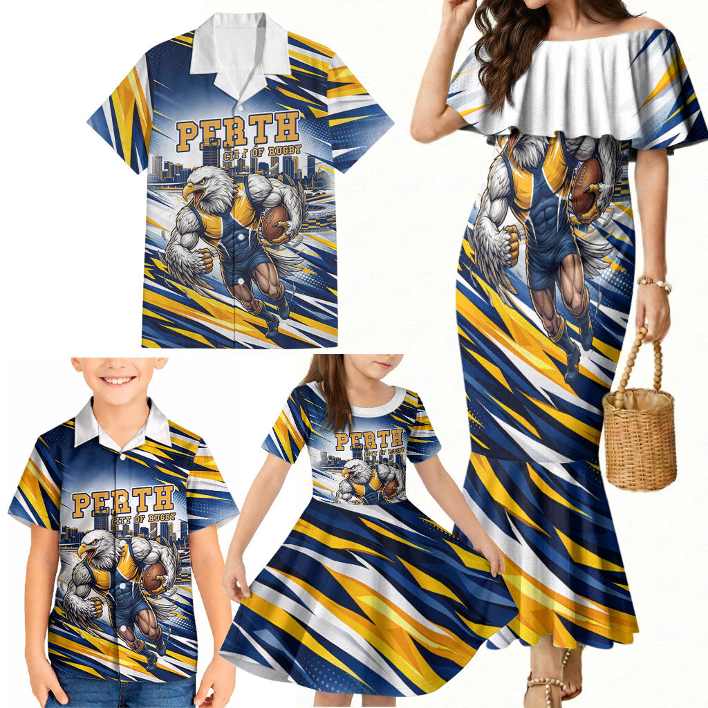 Personalised West Coast Eagles Fan Pride Family Matching Mermaid Dress and Hawaiian Shirt Muscular Eagle Mascot Graphic Art With Perth City Skyline