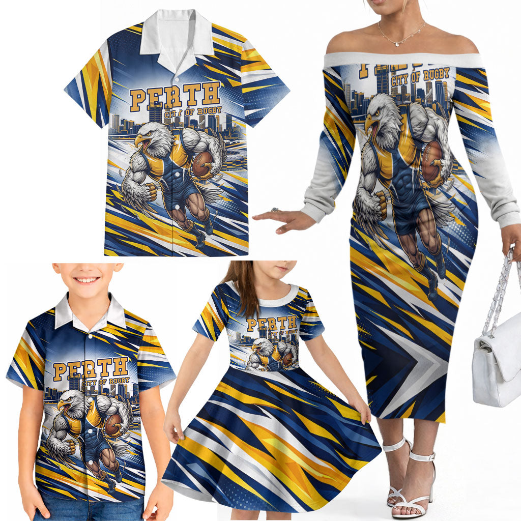 Personalised West Coast Eagles Fan Pride Family Matching Off The Shoulder Long Sleeve Dress and Hawaiian Shirt Muscular Eagle Mascot Graphic Art With Perth City Skyline