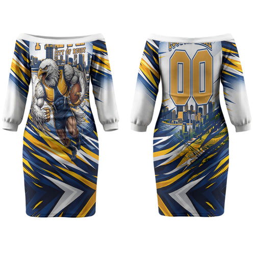 Personalised West Coast Eagles Fan Pride Family Matching Off The Shoulder Long Sleeve Dress and Hawaiian Shirt Muscular Eagle Mascot Graphic Art With Perth City Skyline