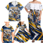 Personalised West Coast Eagles Fan Pride Family Matching Off Shoulder Maxi Dress and Hawaiian Shirt Muscular Eagle Mascot Graphic Art With Perth City Skyline