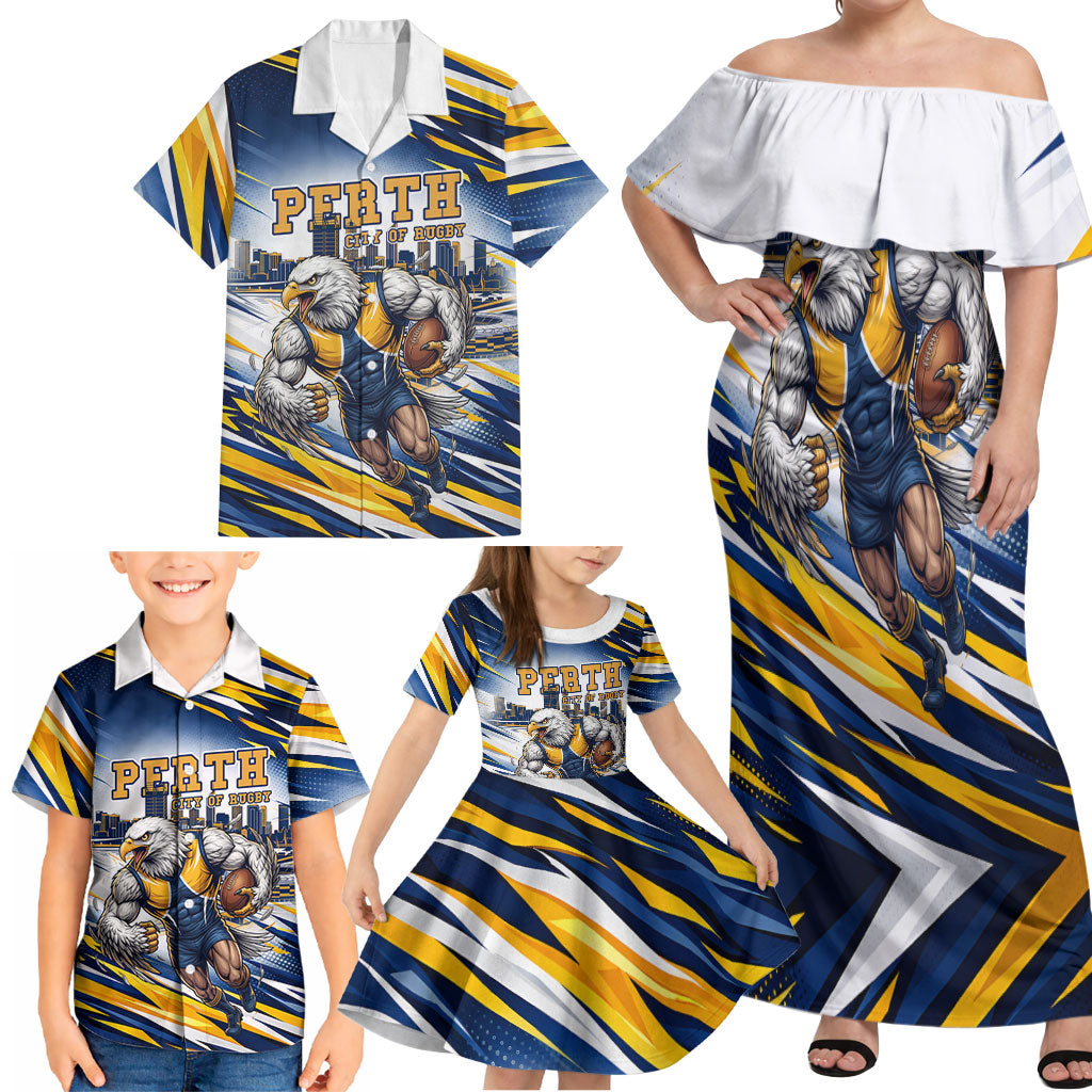 Personalised West Coast Eagles Fan Pride Family Matching Off Shoulder Maxi Dress and Hawaiian Shirt Muscular Eagle Mascot Graphic Art With Perth City Skyline