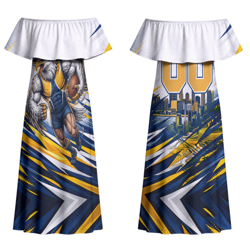 Personalised West Coast Eagles Fan Pride Family Matching Off Shoulder Maxi Dress and Hawaiian Shirt Muscular Eagle Mascot Graphic Art With Perth City Skyline