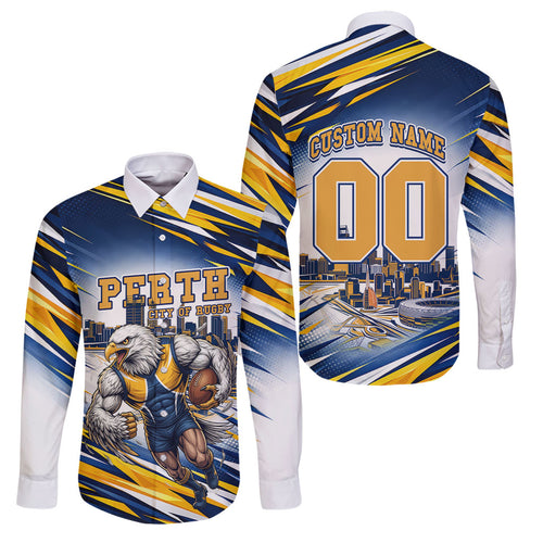 Personalised West Coast Eagles Fan Pride Family Matching Off Shoulder Maxi Dress and Hawaiian Shirt Muscular Eagle Mascot Graphic Art With Perth City Skyline