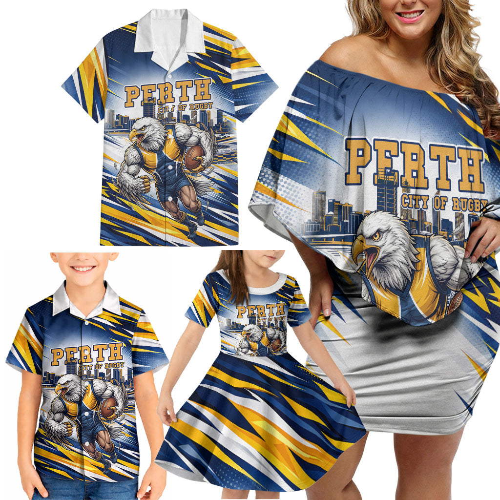 Personalised West Coast Eagles Fan Pride Family Matching Off Shoulder Short Dress and Hawaiian Shirt Muscular Eagle Mascot Graphic Art With Perth City Skyline