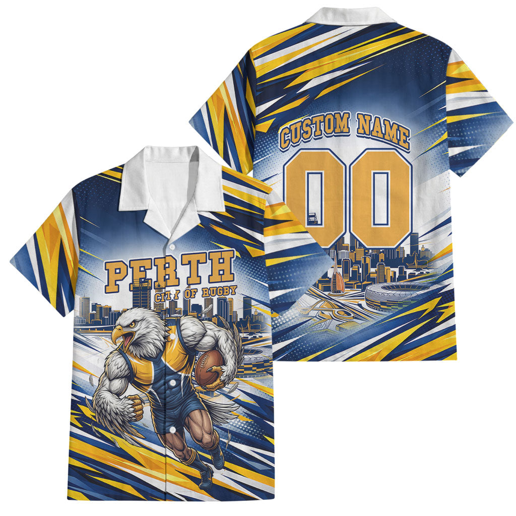 Personalised West Coast Eagles Fan Pride Family Matching Off Shoulder Short Dress and Hawaiian Shirt Muscular Eagle Mascot Graphic Art With Perth City Skyline
