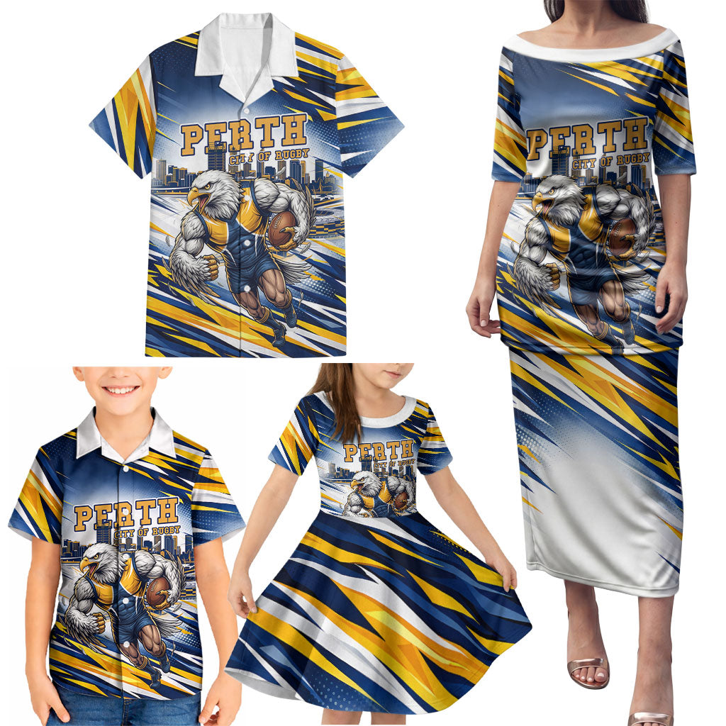 Personalised West Coast Eagles Fan Pride Family Matching Puletasi and Hawaiian Shirt Muscular Eagle Mascot Graphic Art With Perth City Skyline