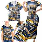 Personalised West Coast Eagles Fan Pride Family Matching Short Sleeve Bodycon Dress and Hawaiian Shirt Muscular Eagle Mascot Graphic Art With Perth City Skyline