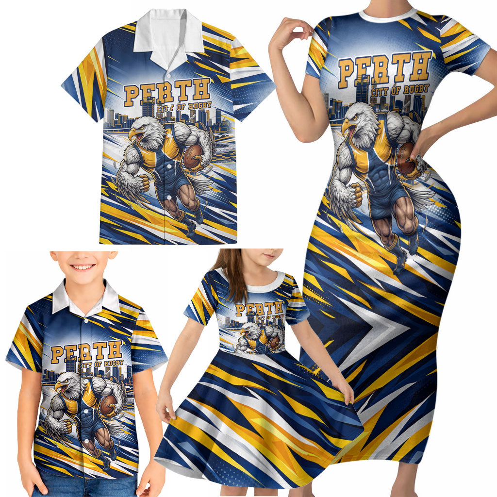 Personalised West Coast Eagles Fan Pride Family Matching Short Sleeve Bodycon Dress and Hawaiian Shirt Muscular Eagle Mascot Graphic Art With Perth City Skyline