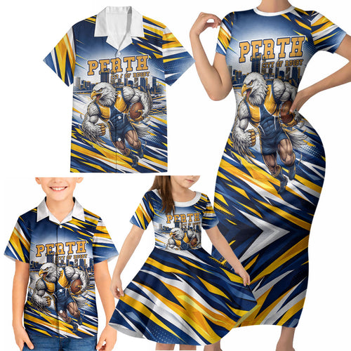 Personalised West Coast Eagles Fan Pride Family Matching Short Sleeve Bodycon Dress and Hawaiian Shirt Muscular Eagle Mascot Graphic Art With Perth City Skyline
