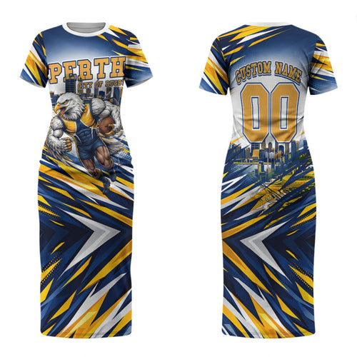 Personalised West Coast Eagles Fan Pride Family Matching Short Sleeve Bodycon Dress and Hawaiian Shirt Muscular Eagle Mascot Graphic Art With Perth City Skyline