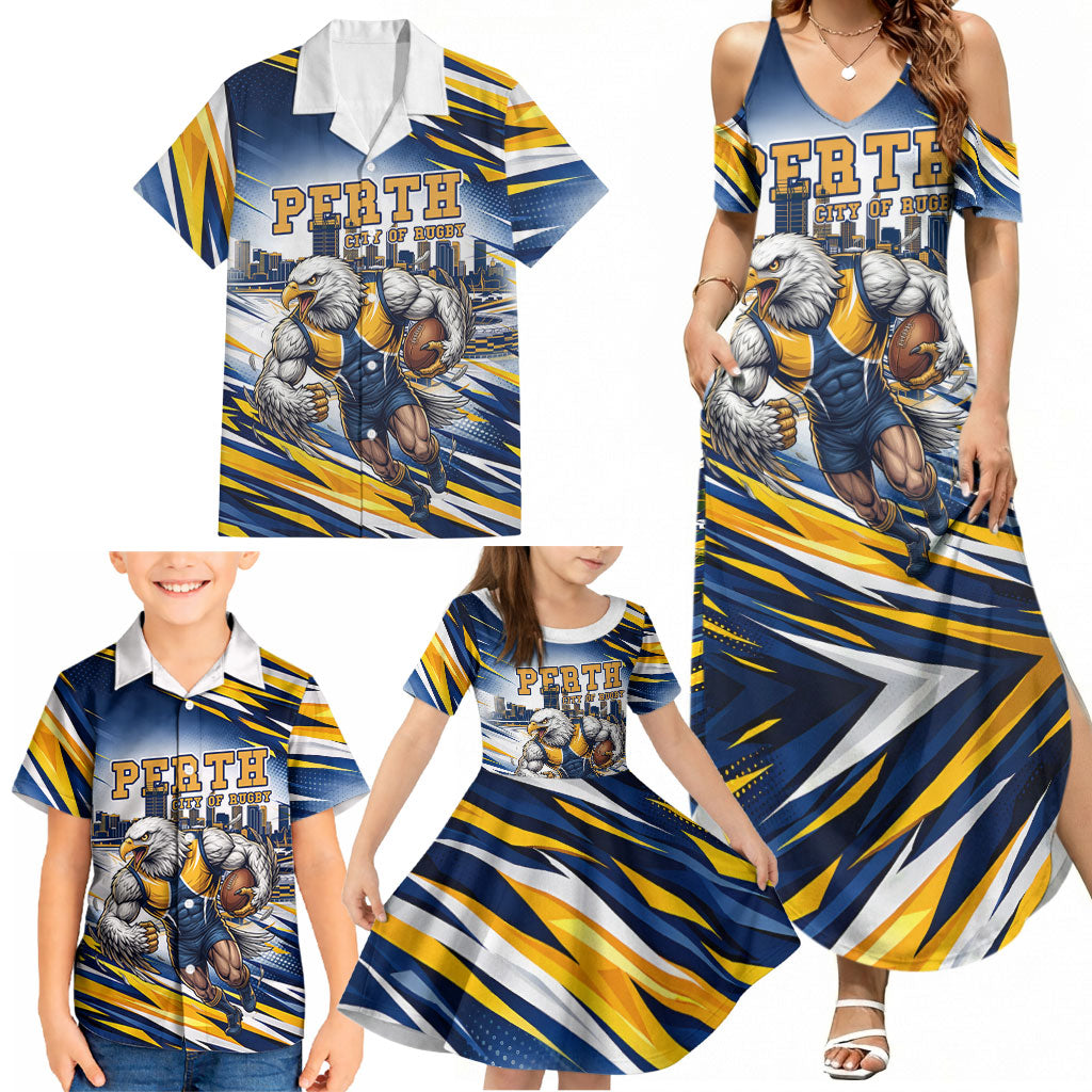 Personalised West Coast Eagles Fan Pride Family Matching Summer Maxi Dress and Hawaiian Shirt Muscular Eagle Mascot Graphic Art With Perth City Skyline