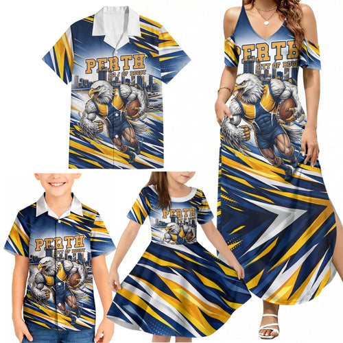 Personalised West Coast Eagles Fan Pride Family Matching Summer Maxi Dress and Hawaiian Shirt Muscular Eagle Mascot Graphic Art With Perth City Skyline