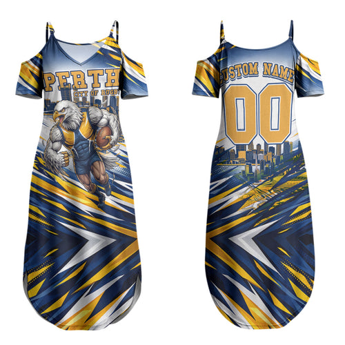 Personalised West Coast Eagles Fan Pride Family Matching Summer Maxi Dress and Hawaiian Shirt Muscular Eagle Mascot Graphic Art With Perth City Skyline