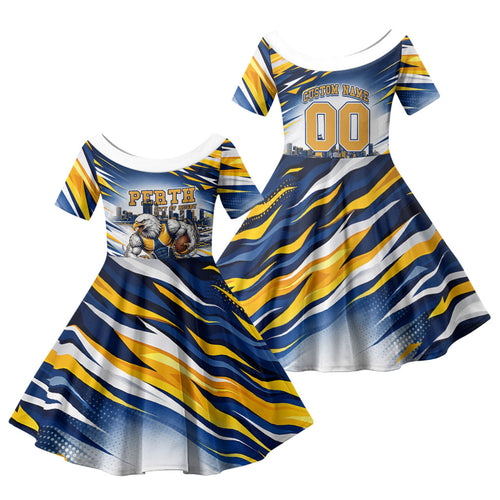 Personalised West Coast Eagles Fan Pride Family Matching Summer Maxi Dress and Hawaiian Shirt Muscular Eagle Mascot Graphic Art With Perth City Skyline