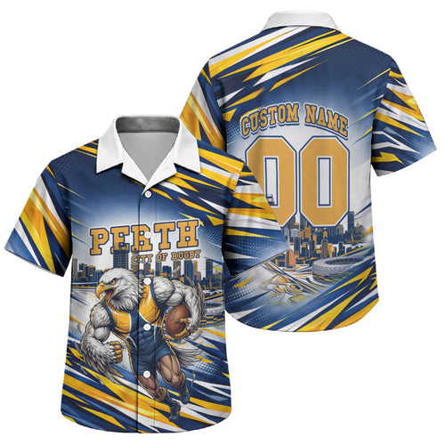 Personalised West Coast Eagles Fan Pride Family Matching Summer Maxi Dress and Hawaiian Shirt Muscular Eagle Mascot Graphic Art With Perth City Skyline