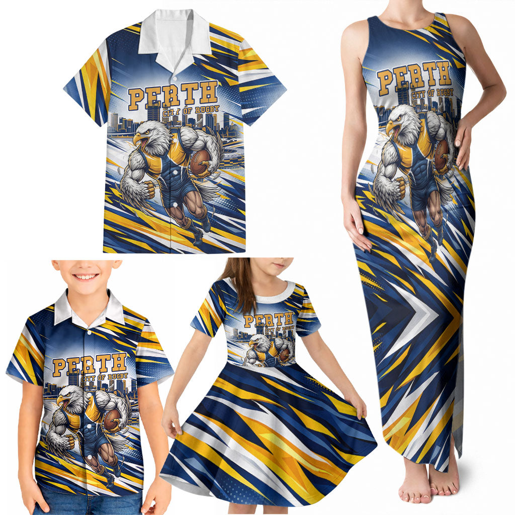 Personalised West Coast Eagles Fan Pride Family Matching Tank Maxi Dress and Hawaiian Shirt Muscular Eagle Mascot Graphic Art With Perth City Skyline