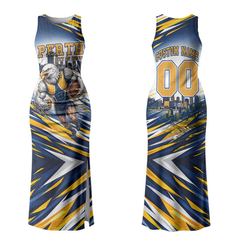 Personalised West Coast Eagles Fan Pride Family Matching Tank Maxi Dress and Hawaiian Shirt Muscular Eagle Mascot Graphic Art With Perth City Skyline