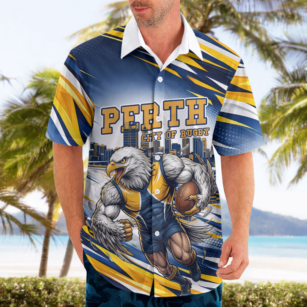 Personalised West Coast Eagles Fan Pride Hawaiian Shirt Muscular Eagle Mascot Graphic Art With Perth City Skyline