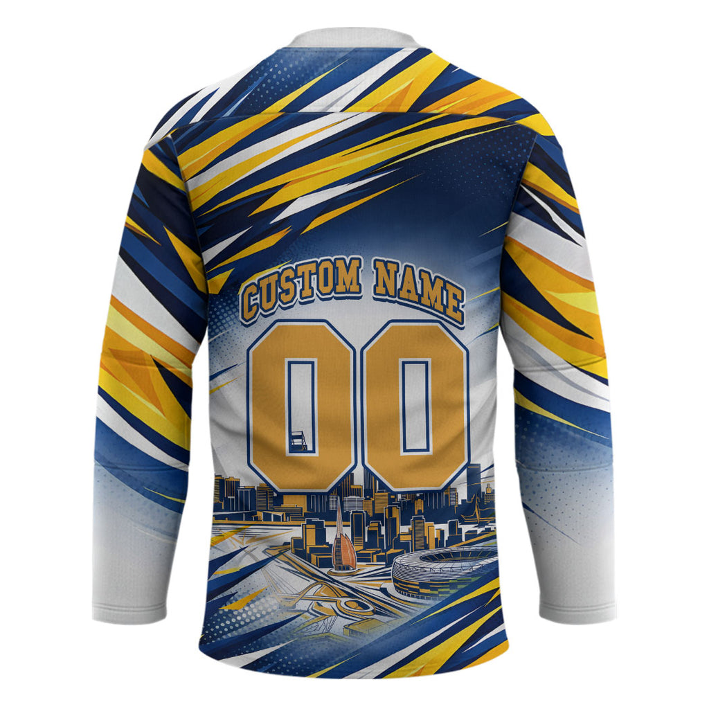 Personalised West Coast Eagles Fan Pride Hockey Jersey Muscular Eagle Mascot Graphic Art With Perth City Skyline
