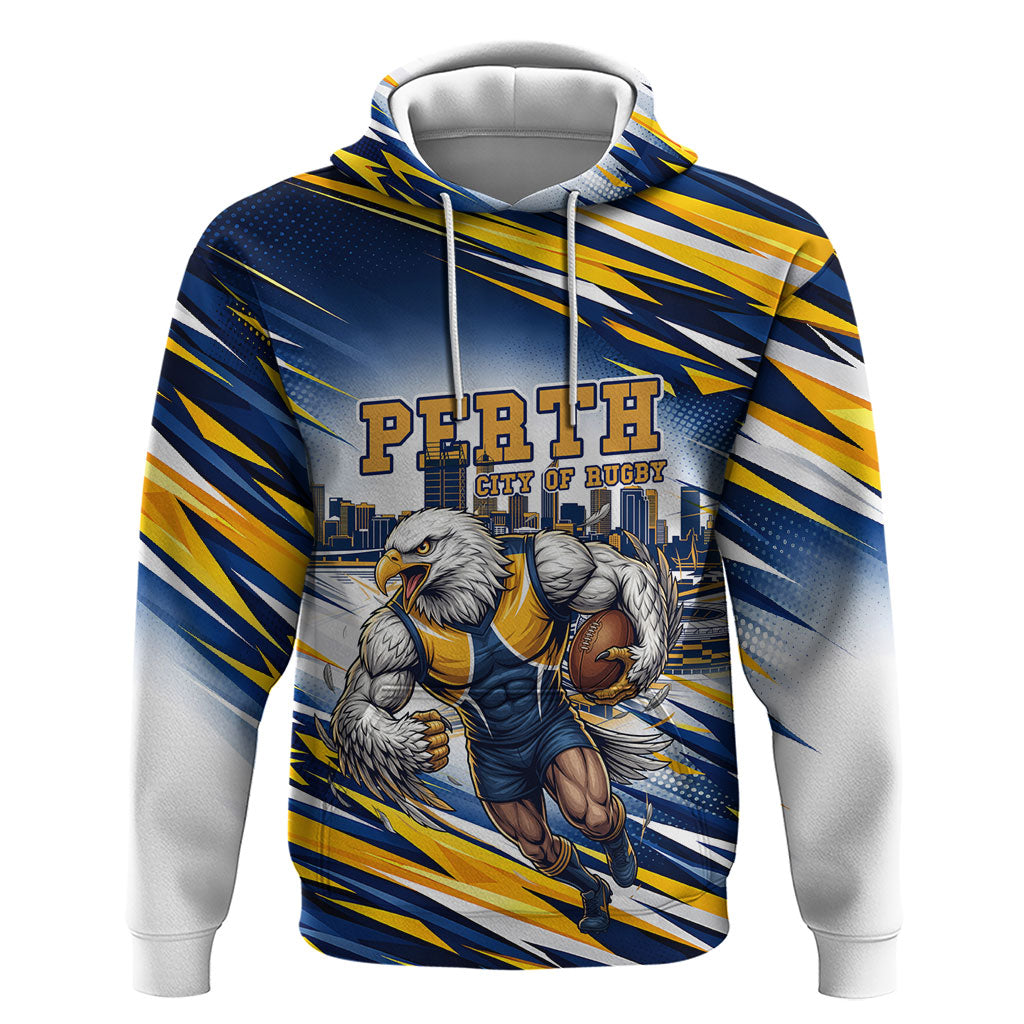Personalised West Coast Eagles Fan Pride Hoodie Muscular Eagle Mascot Graphic Art With Perth City Skyline