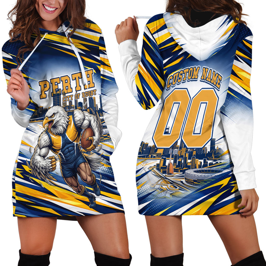 Personalised West Coast Eagles Fan Pride Hoodie Dress Muscular Eagle Mascot Graphic Art With Perth City Skyline