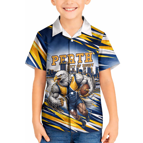 Personalised West Coast Eagles Fan Pride Kid Hawaiian Shirt Muscular Eagle Mascot Graphic Art With Perth City Skyline