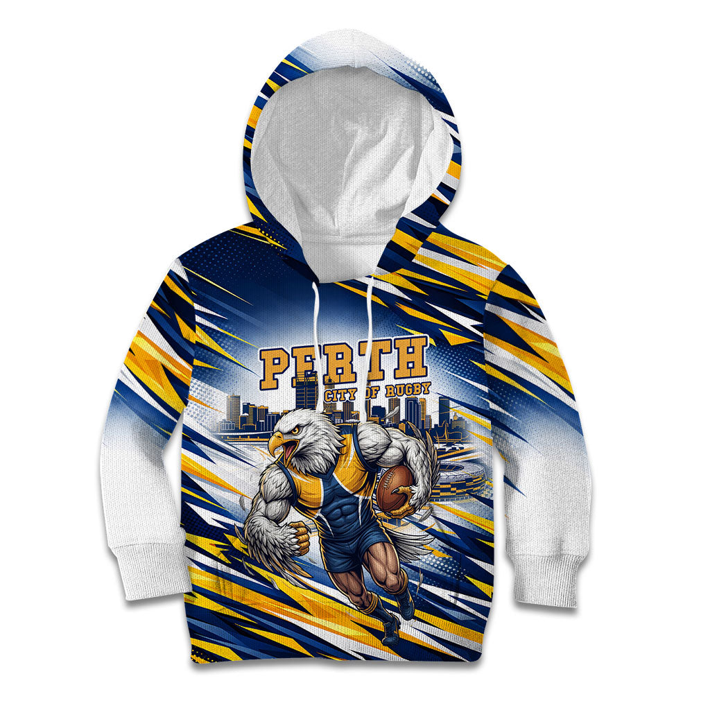 Personalised West Coast Eagles Fan Pride Kid Hoodie Muscular Eagle Mascot Graphic Art With Perth City Skyline