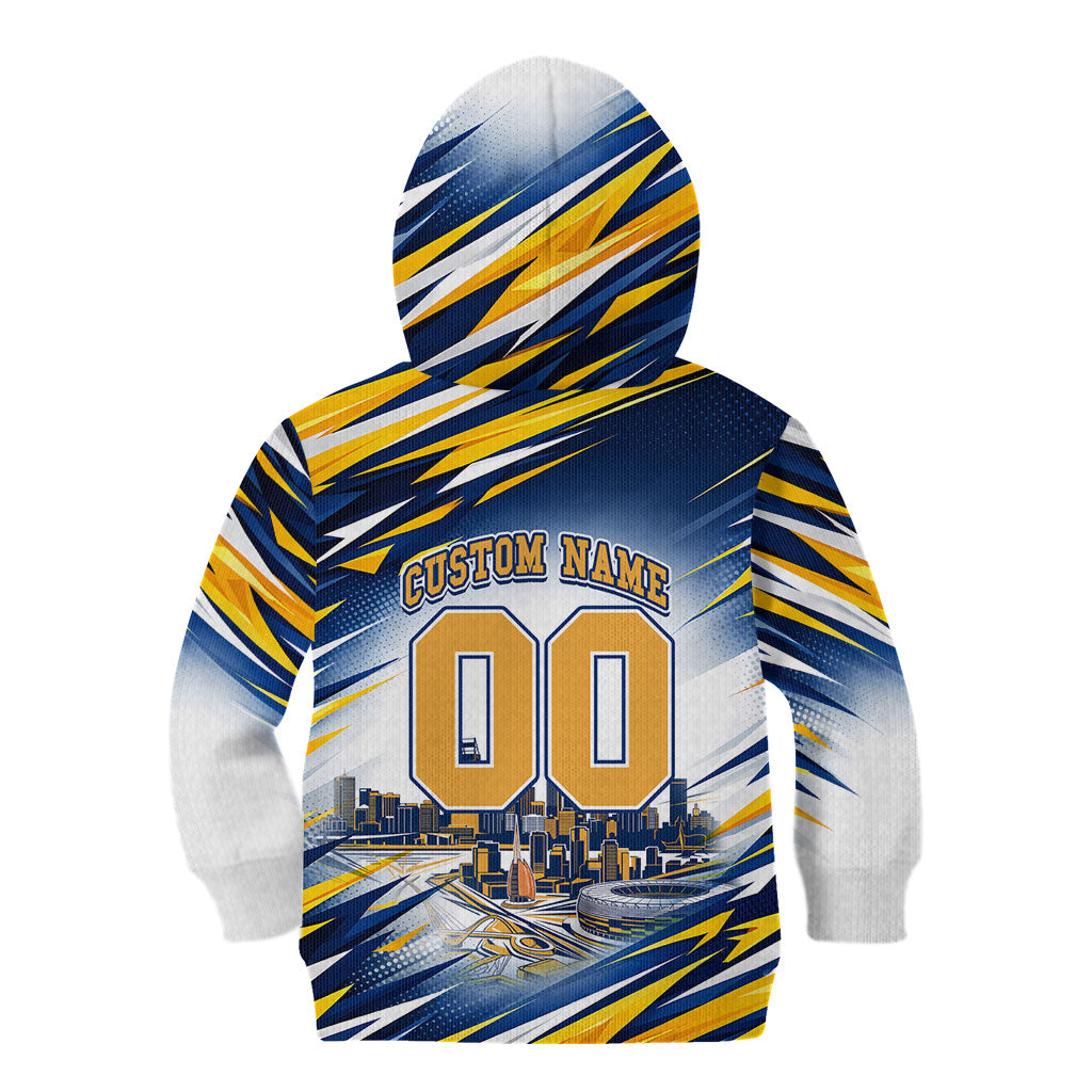 Personalised West Coast Eagles Fan Pride Kid Hoodie Muscular Eagle Mascot Graphic Art With Perth City Skyline