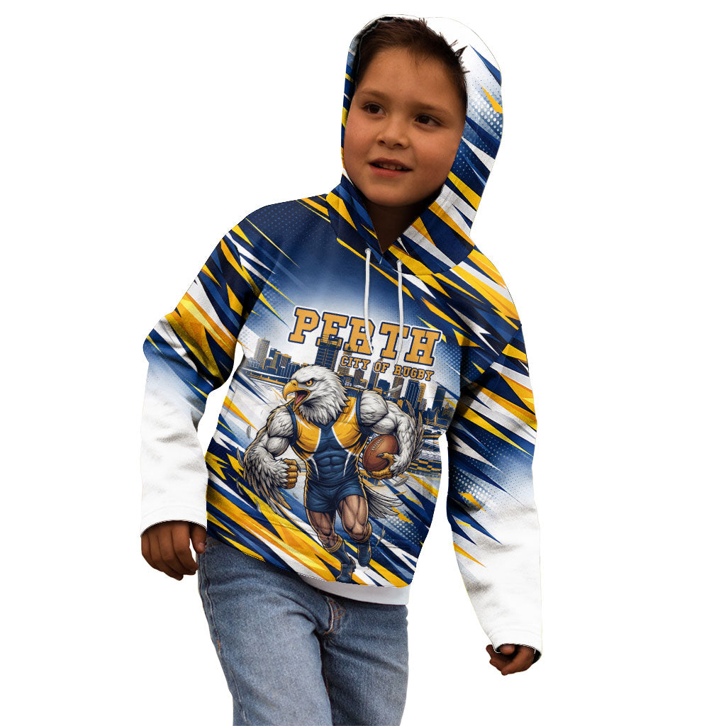 Personalised West Coast Eagles Fan Pride Kid Hoodie Muscular Eagle Mascot Graphic Art With Perth City Skyline
