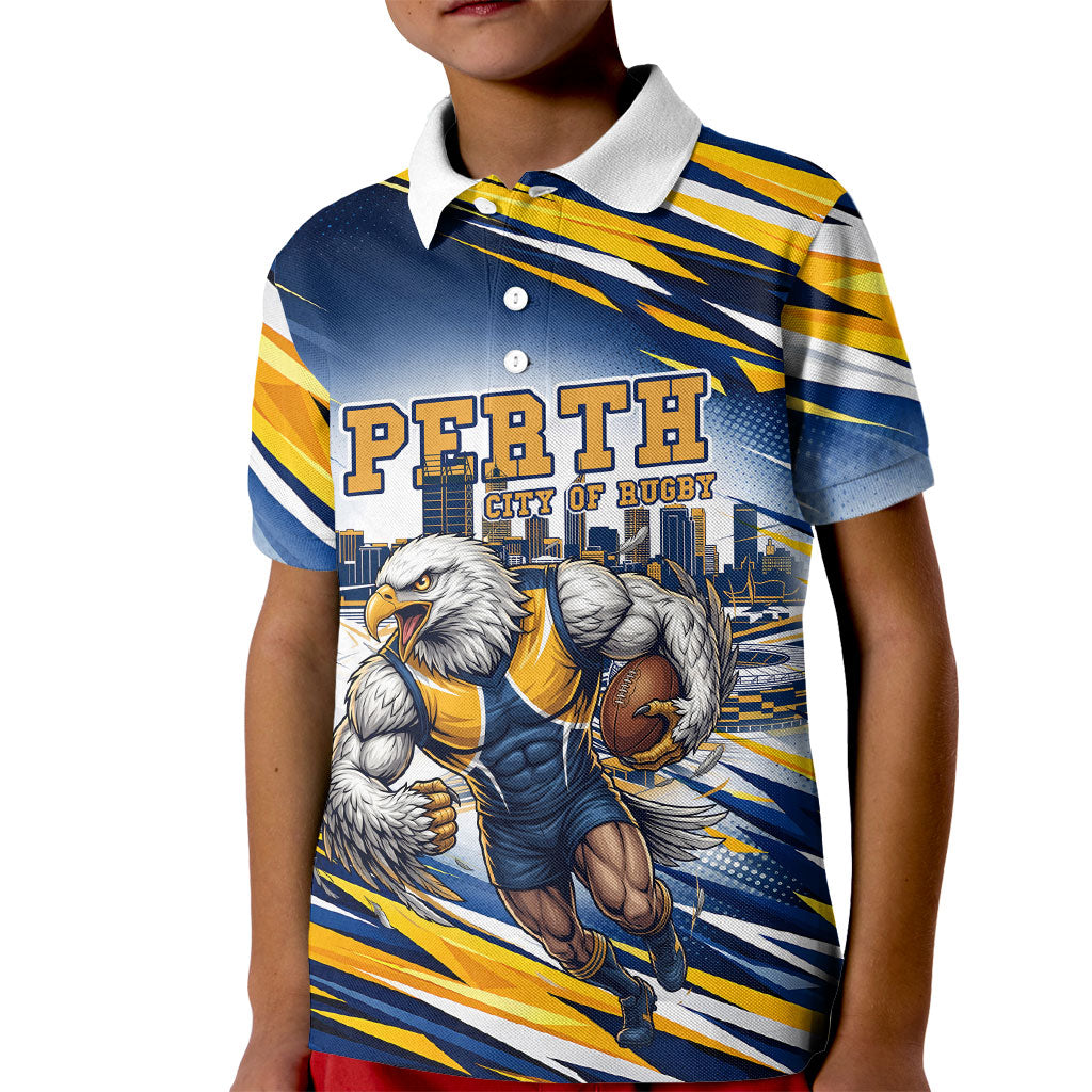 Personalised West Coast Eagles Fan Pride Kid Polo Shirt Muscular Eagle Mascot Graphic Art With Perth City Skyline