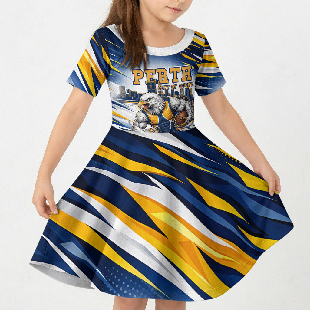 Personalised West Coast Eagles Fan Pride Kid Short Sleeve Dress Muscular Eagle Mascot Graphic Art With Perth City Skyline