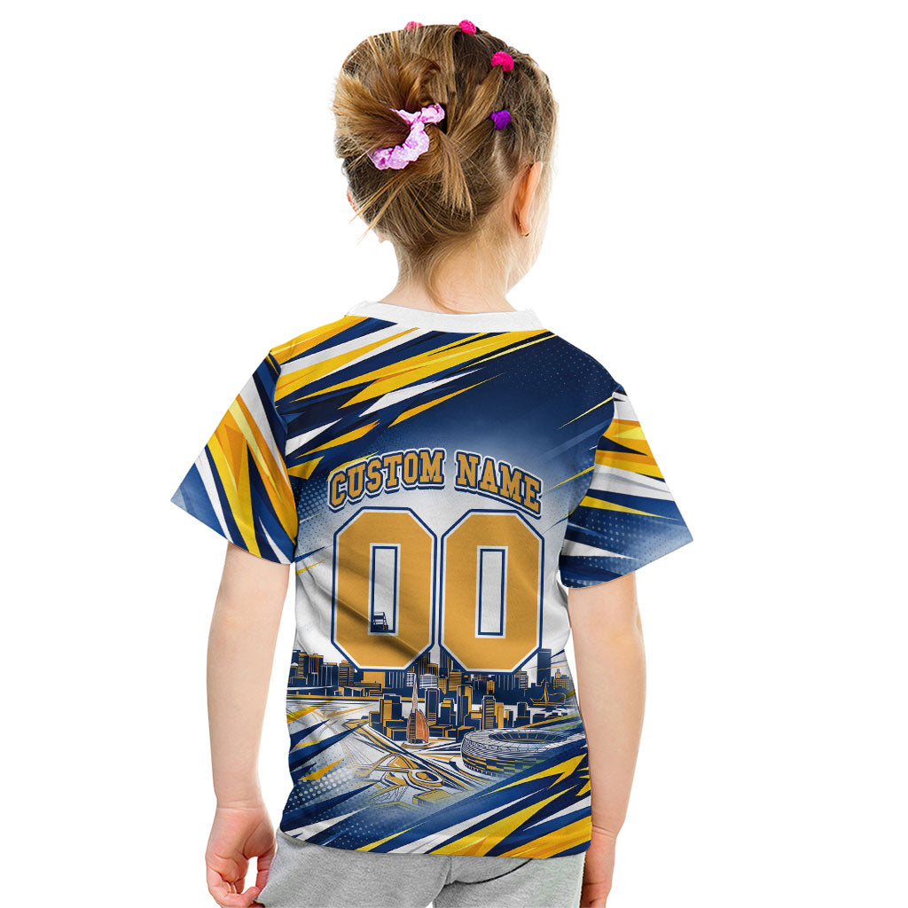 Personalised West Coast Eagles Fan Pride Kid T Shirt Muscular Eagle Mascot Graphic Art With Perth City Skyline