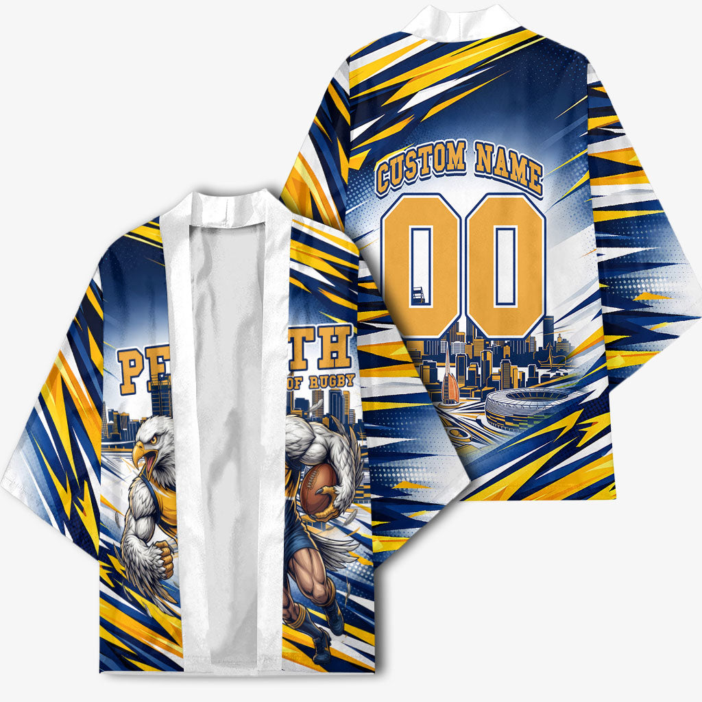 Personalised West Coast Eagles Fan Pride Kimono Muscular Eagle Mascot Graphic Art With Perth City Skyline