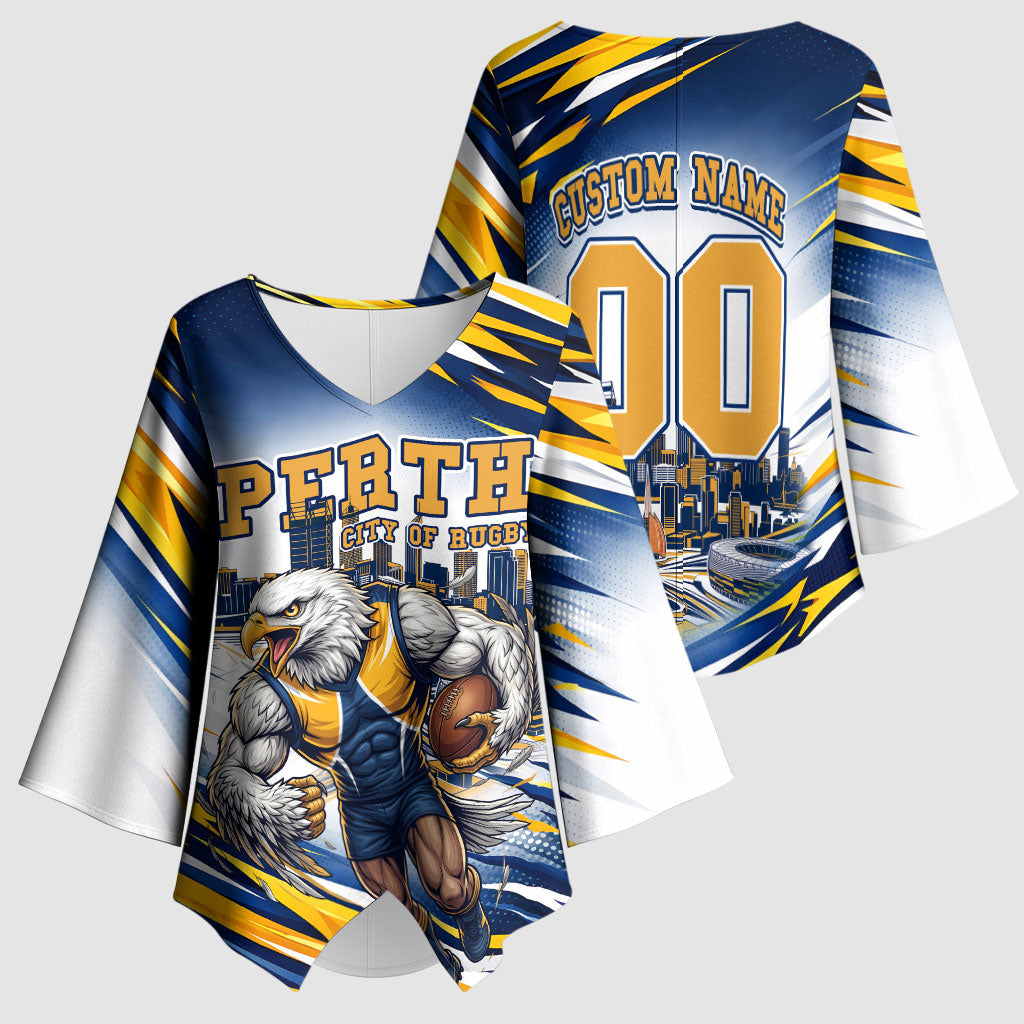 Personalised West Coast Eagles Fan Pride Kimono Sleeve Blouse Muscular Eagle Mascot Graphic Art With Perth City Skyline