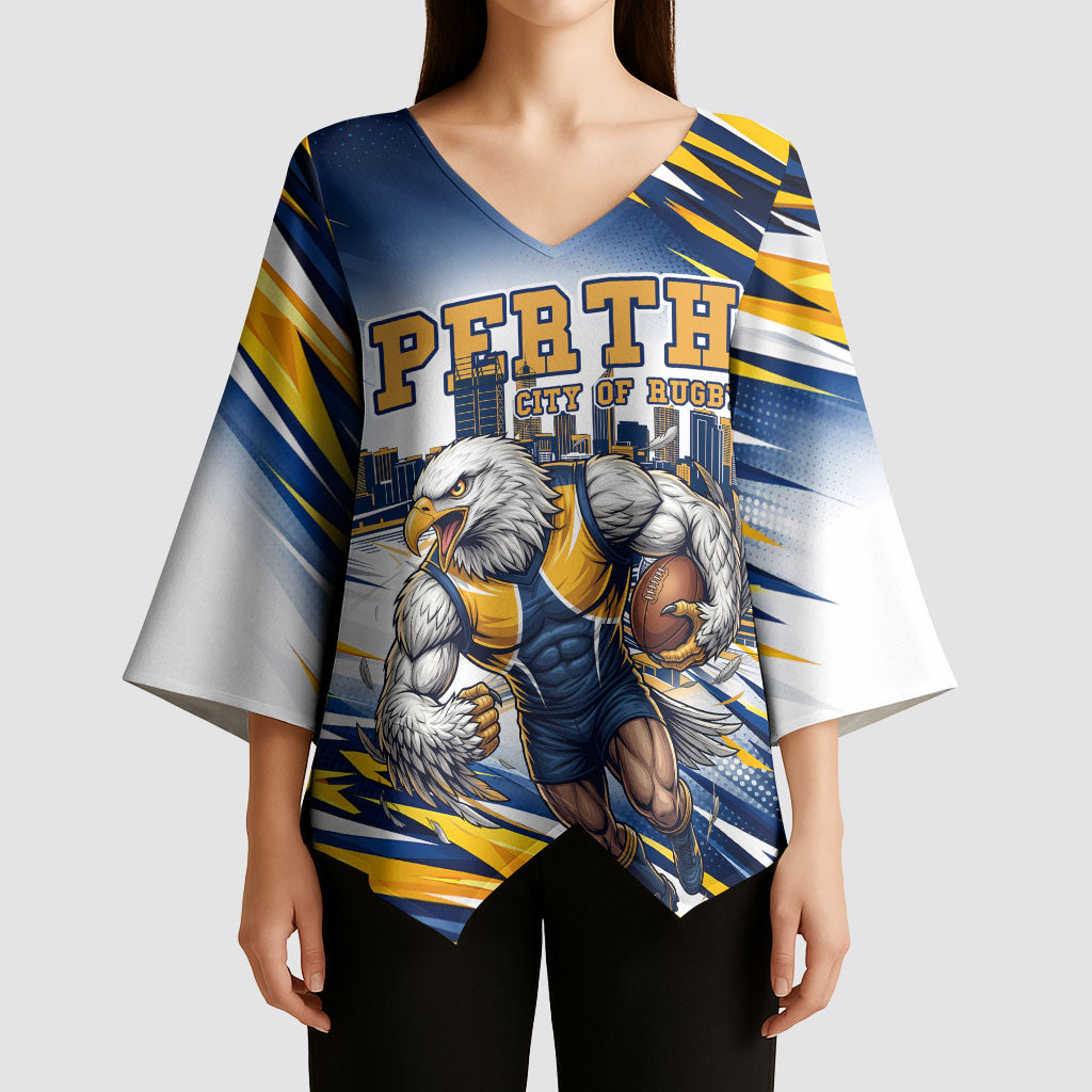 Personalised West Coast Eagles Fan Pride Kimono Sleeve Blouse Muscular Eagle Mascot Graphic Art With Perth City Skyline