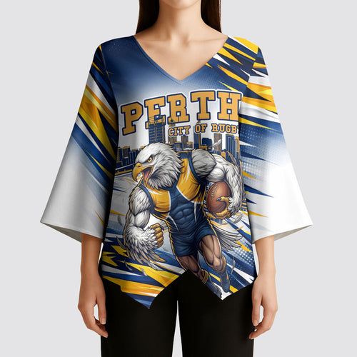 Personalised West Coast Eagles Fan Pride Kimono Sleeve Blouse Muscular Eagle Mascot Graphic Art With Perth City Skyline