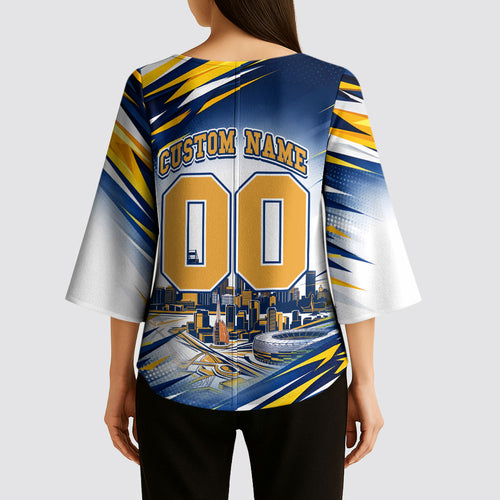 Personalised West Coast Eagles Fan Pride Kimono Sleeve Blouse Muscular Eagle Mascot Graphic Art With Perth City Skyline