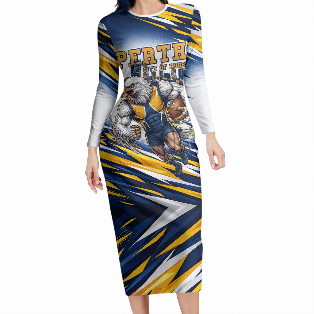 Personalised West Coast Eagles Fan Pride Long Sleeve Bodycon Dress Muscular Eagle Mascot Graphic Art With Perth City Skyline