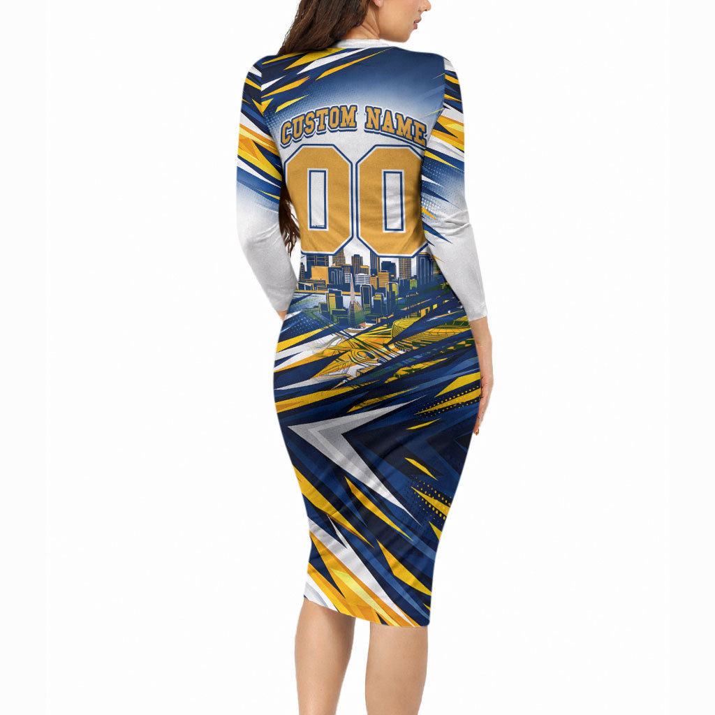 Personalised West Coast Eagles Fan Pride Long Sleeve Bodycon Dress Muscular Eagle Mascot Graphic Art With Perth City Skyline