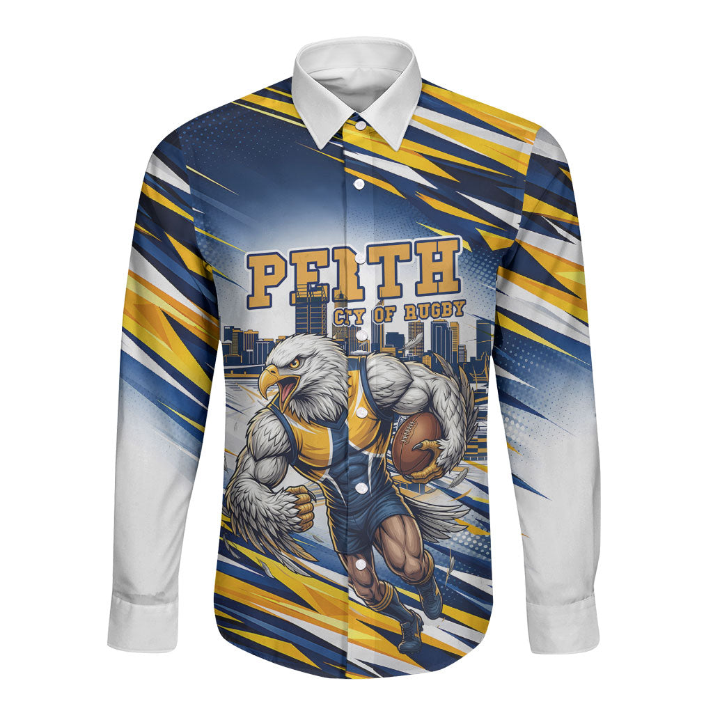 Personalised West Coast Eagles Fan Pride Long Sleeve Button Shirt Muscular Eagle Mascot Graphic Art With Perth City Skyline