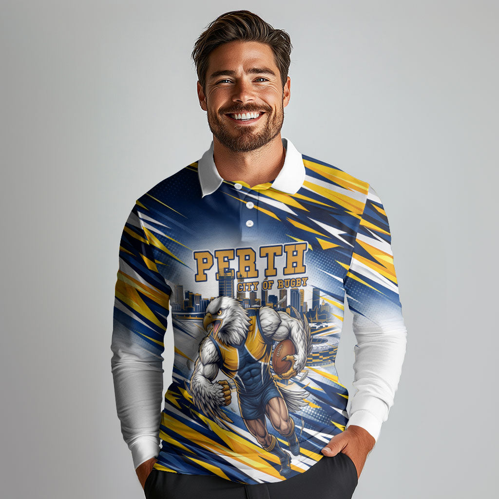 Personalised West Coast Eagles Fan Pride Long Sleeve Polo Shirt Muscular Eagle Mascot Graphic Art With Perth City Skyline