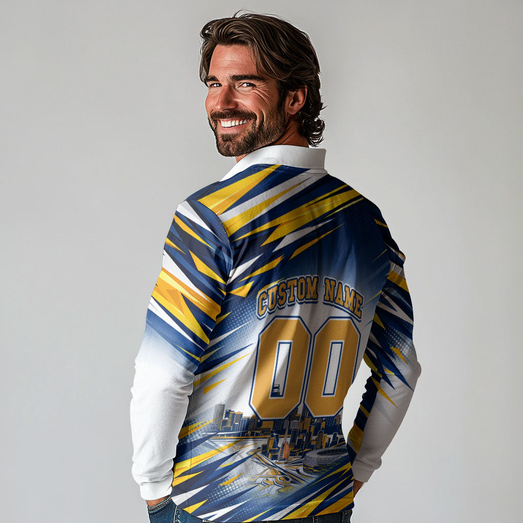 Personalised West Coast Eagles Fan Pride Long Sleeve Polo Shirt Muscular Eagle Mascot Graphic Art With Perth City Skyline