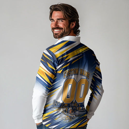 Personalised West Coast Eagles Fan Pride Long Sleeve Polo Shirt Muscular Eagle Mascot Graphic Art With Perth City Skyline