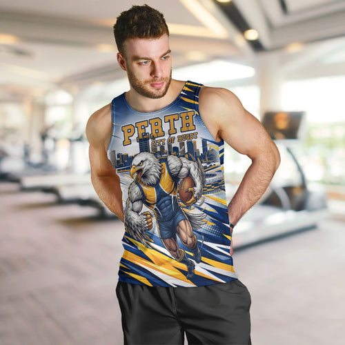 Personalised West Coast Eagles Fan Pride Men Tank Top Muscular Eagle Mascot Graphic Art With Perth City Skyline