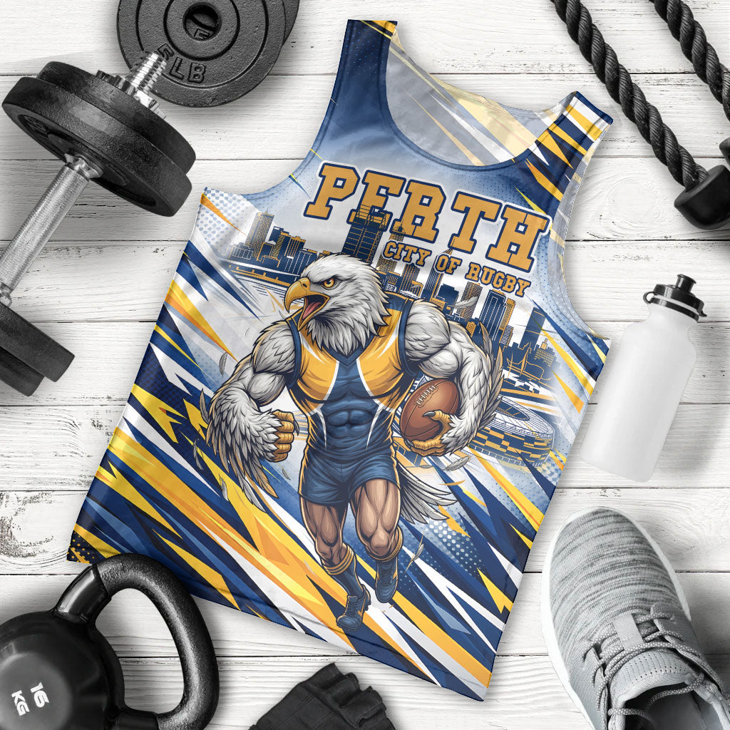 Personalised West Coast Eagles Fan Pride Men Tank Top Muscular Eagle Mascot Graphic Art With Perth City Skyline