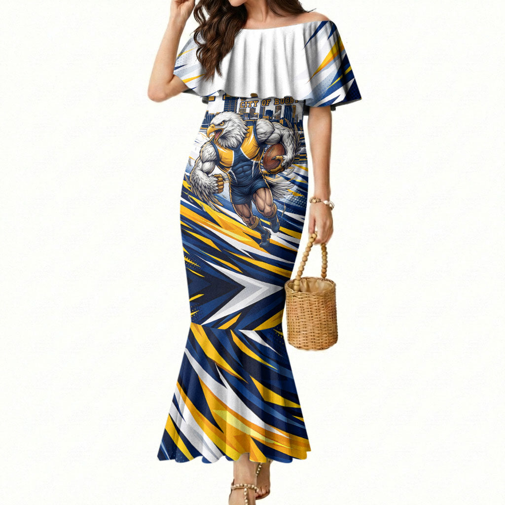 Personalised West Coast Eagles Fan Pride Mermaid Dress Muscular Eagle Mascot Graphic Art With Perth City Skyline