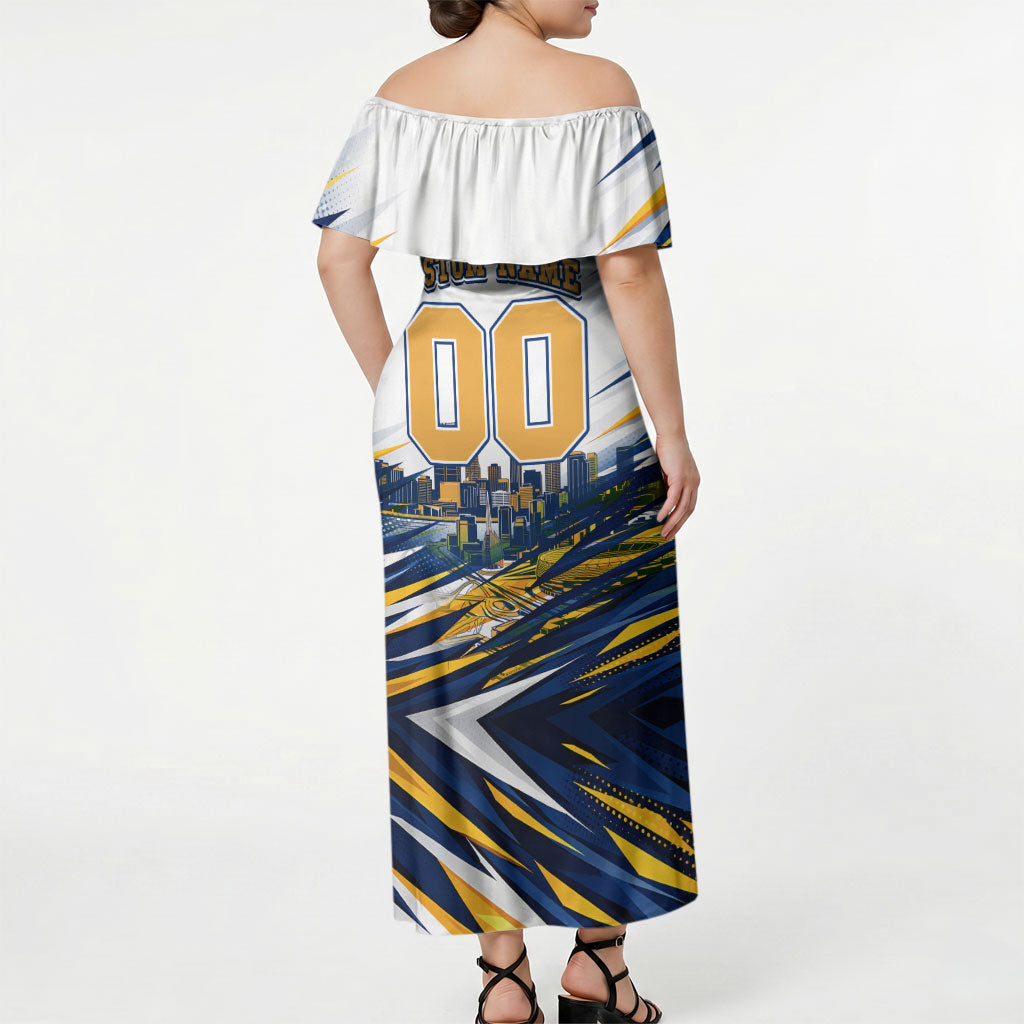 Personalised West Coast Eagles Fan Pride Off Shoulder Maxi Dress Muscular Eagle Mascot Graphic Art With Perth City Skyline